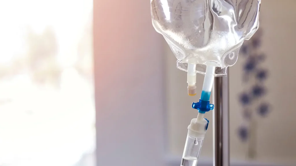Medication IV drip in a hospital room.